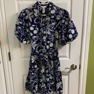 Sincerely Jules Puff Sleeve Shirt Dress Pockets Blue White Fruit Size Medium